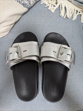 Metallic All Saints Silver and Black Slides